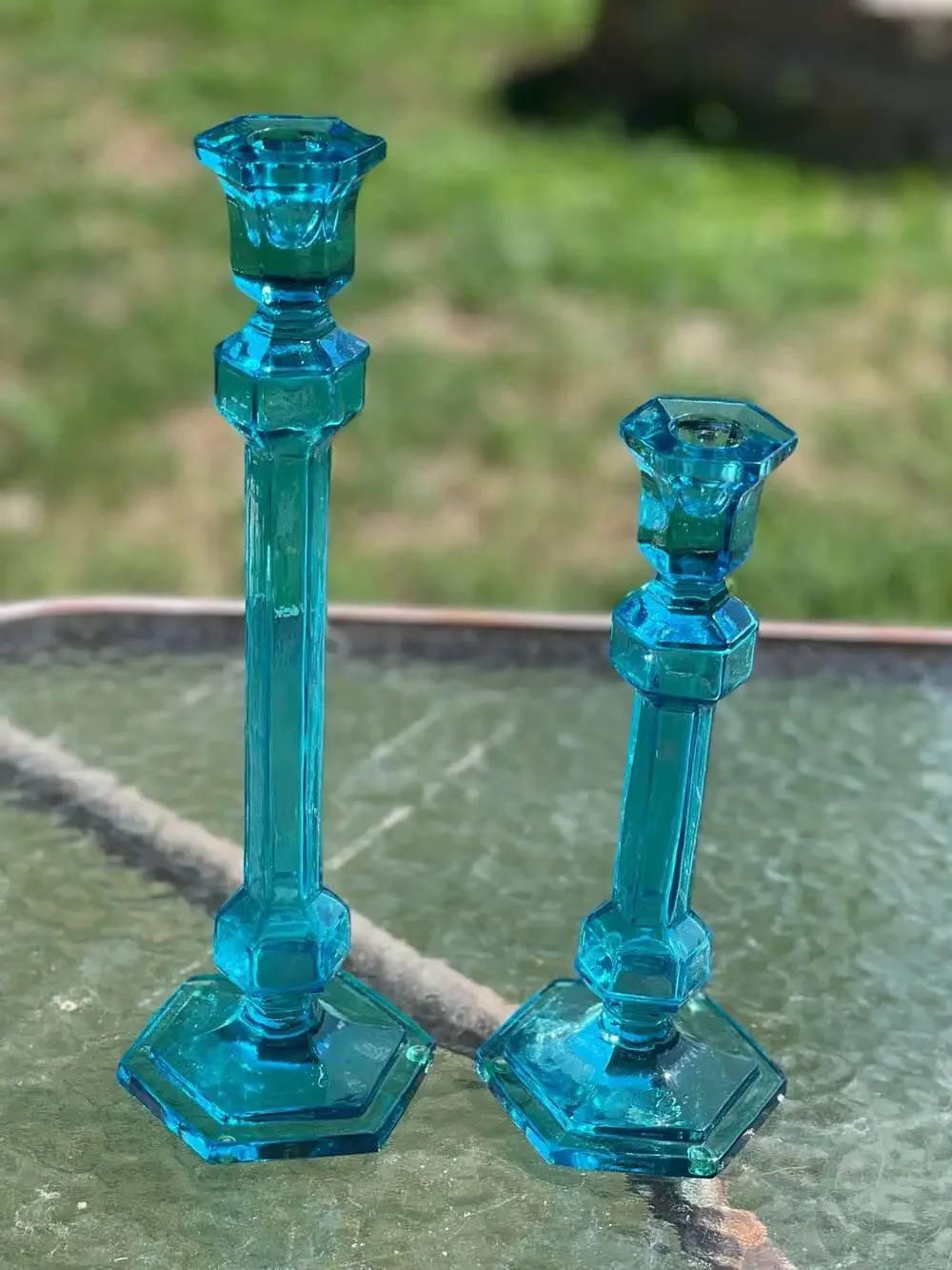 Vintage Fostoria Teal Blue Glass Candlestick Set of 2/ Vintage Blue Glass Candle
